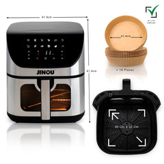 Jinou Air fryer 8L 1700W, 7 Presets–Made w/Non-Stick Bucket & Touch Panel–Frying,Grilling,Broiling, Roasting,Baking,Toasting,Vegetables,Fries,Chicken,Meat & Fish.10 Free Paper Liners. 1 Yr Warranty