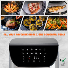 Jinou Air fryer 8L 1700W, 7 Presets–Made w/Non-Stick Bucket & Touch Panel–Frying,Grilling,Broiling, Roasting,Baking,Toasting,Vegetables,Fries,Chicken,Meat & Fish.10 Free Paper Liners. 1 Yr Warranty