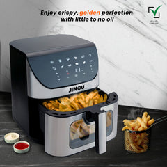 Jinou Air fryer 8L 1700W, 7 Presets–Made w/Non-Stick Bucket & Touch Panel–Frying,Grilling,Broiling, Roasting,Baking,Toasting,Vegetables,Fries,Chicken,Meat & Fish.10 Free Paper Liners. 1 Yr Warranty