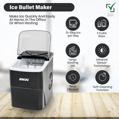 JINOU Ice Maker 2L – 12Kg/24H, 6 Mins Ready, 2 Ice Sizes – Self-Cleaning, Premium ABS, Upgraded Cooling – With Scoop, Basket & 5 Free Ice Bags – For Home, Kitchen, Bar, Cafe, & Party. 1 Year Warranty